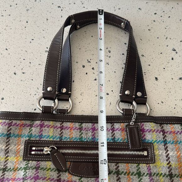 COACH Penelope Wool Tattersall Tweed Leather Trim Tote Shoulder Hand Bag Top Zip - Picture 9 of 13